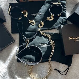 Honey Birdette Fashion Fetish Collar, Leash & Cuffs Set Black Gold Accessories